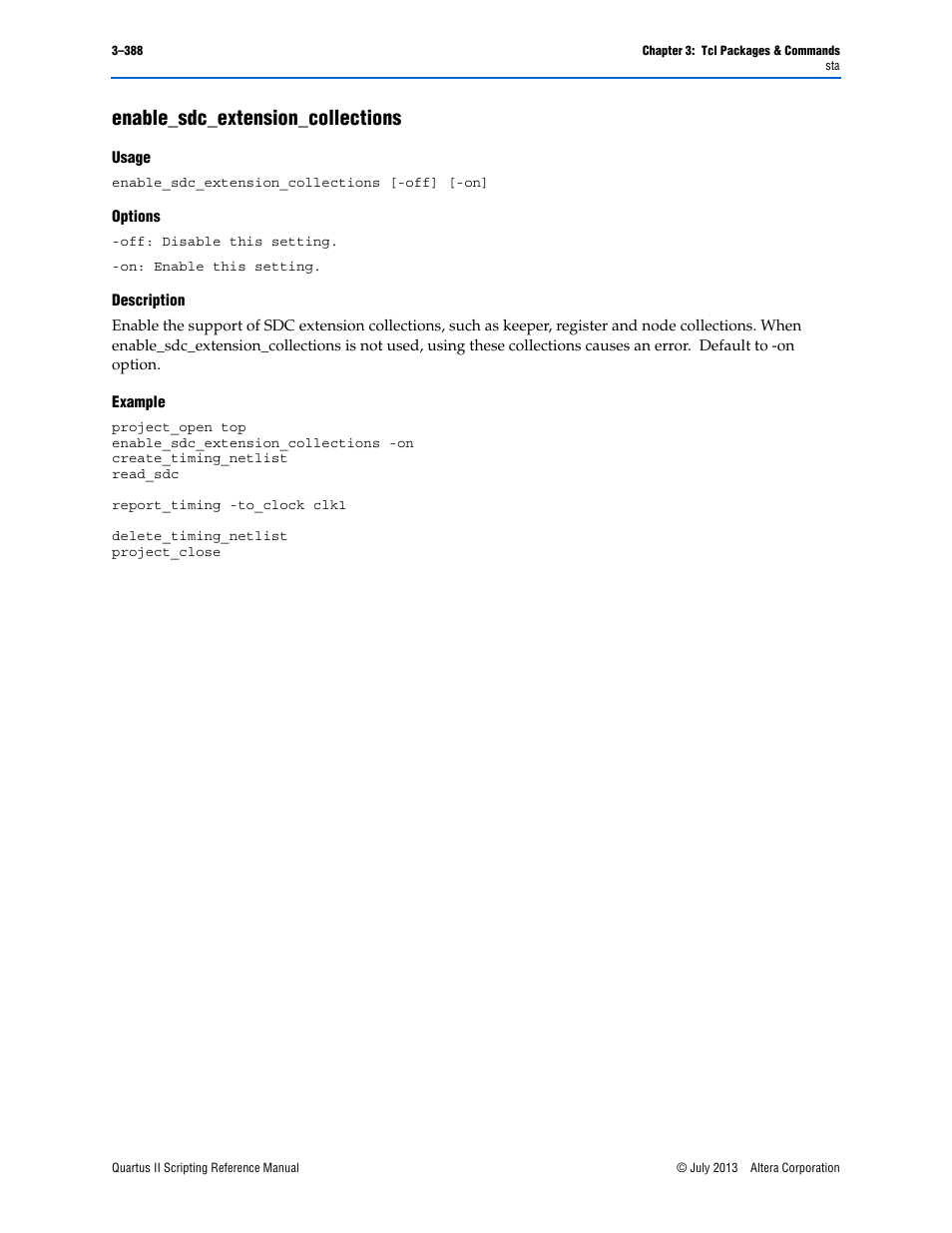 Enable_sdc_extension_collections, Usage, Options | Description, Example, Enable_sdc_extension_collections –388 | Altera Quartus II Scripting User Manual | Page 518 / 634