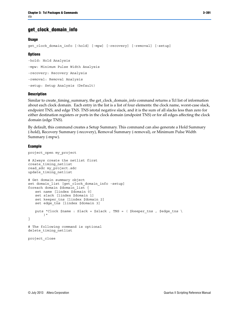 Get_clock_domain_info, Usage, Options | Description, Example, Get_clock_domain_info –391 | Altera Quartus II Scripting User Manual | Page 521 / 634