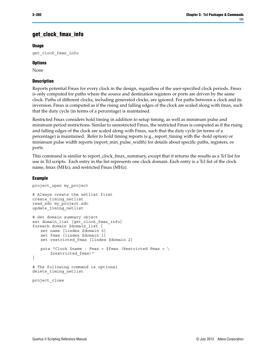 Get_clock_fmax_info, Usage, Options | Description, Example, Get_clock_fmax_info –392 | Altera Quartus II Scripting User Manual | Page 522 / 634