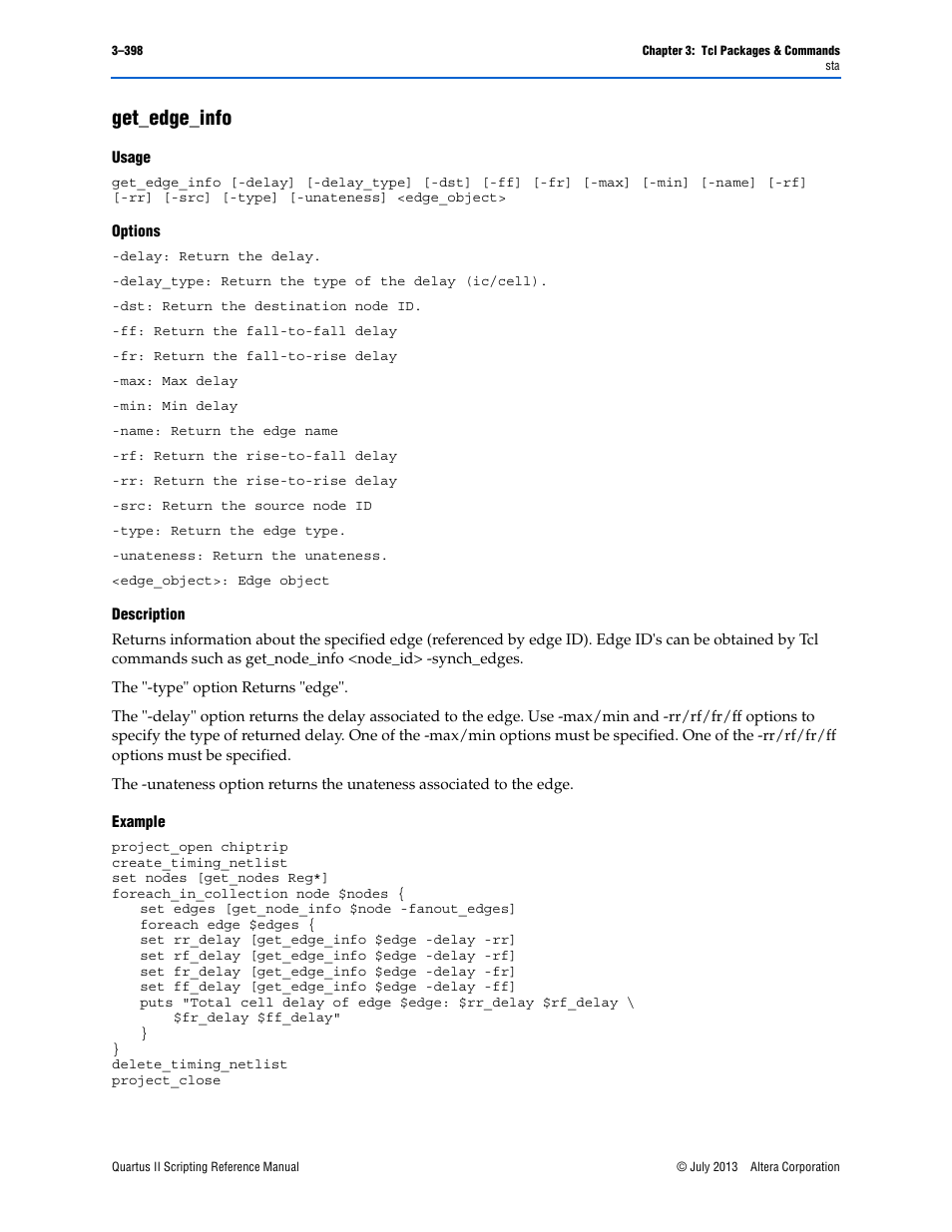 Get_edge_info, Usage, Options | Description, Example, Get_edge_info –398 | Altera Quartus II Scripting User Manual | Page 528 / 634