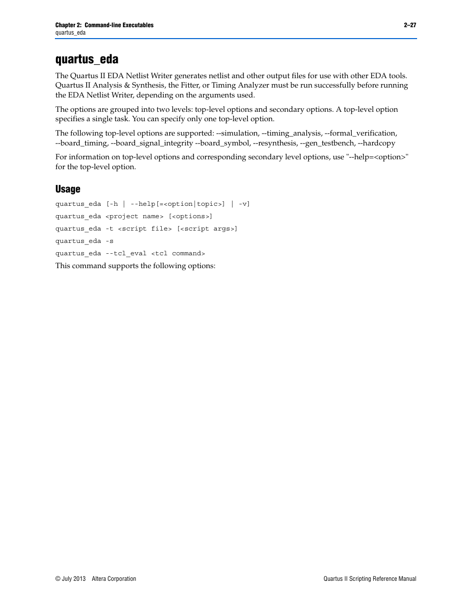 Quartus_eda, Usage, Quartus_eda –27 | Usage –27 | Altera Quartus II Scripting User Manual | Page 53 / 634