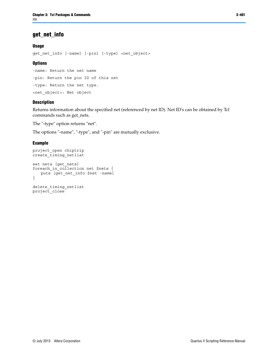 Get_net_info, Usage, Options | Description, Example, Get_net_info –401 | Altera Quartus II Scripting User Manual | Page 531 / 634