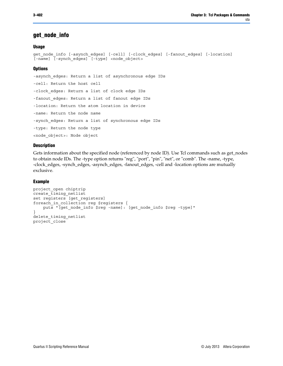 Get_node_info, Usage, Options | Description, Example, Get_node_info –402 | Altera Quartus II Scripting User Manual | Page 532 / 634
