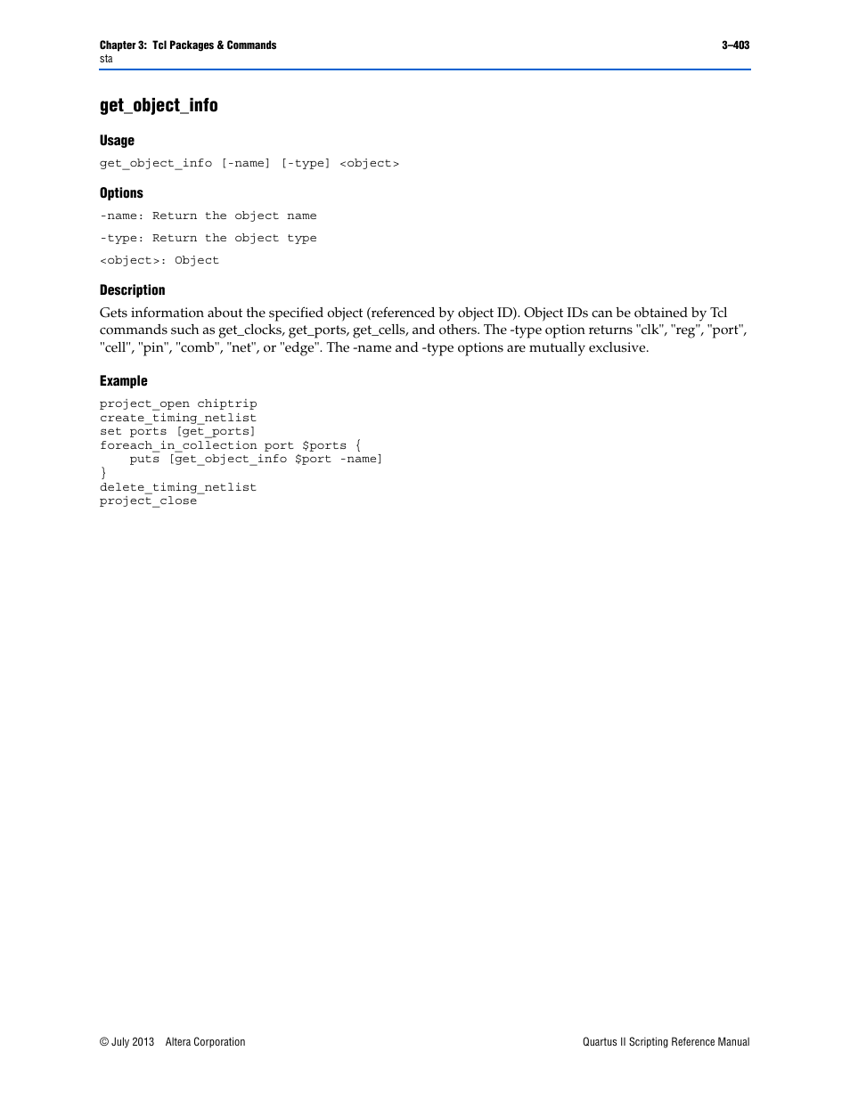 Get_object_info, Usage, Options | Description, Example, Get_object_info –403 | Altera Quartus II Scripting User Manual | Page 533 / 634