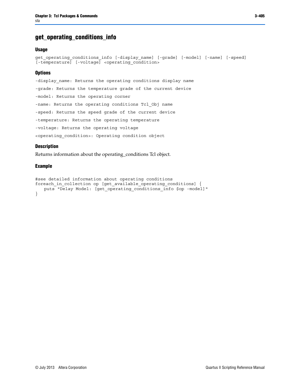 Get_operating_conditions_info, Usage, Options | Description, Example, Get_operating_conditions_info –405 | Altera Quartus II Scripting User Manual | Page 535 / 634