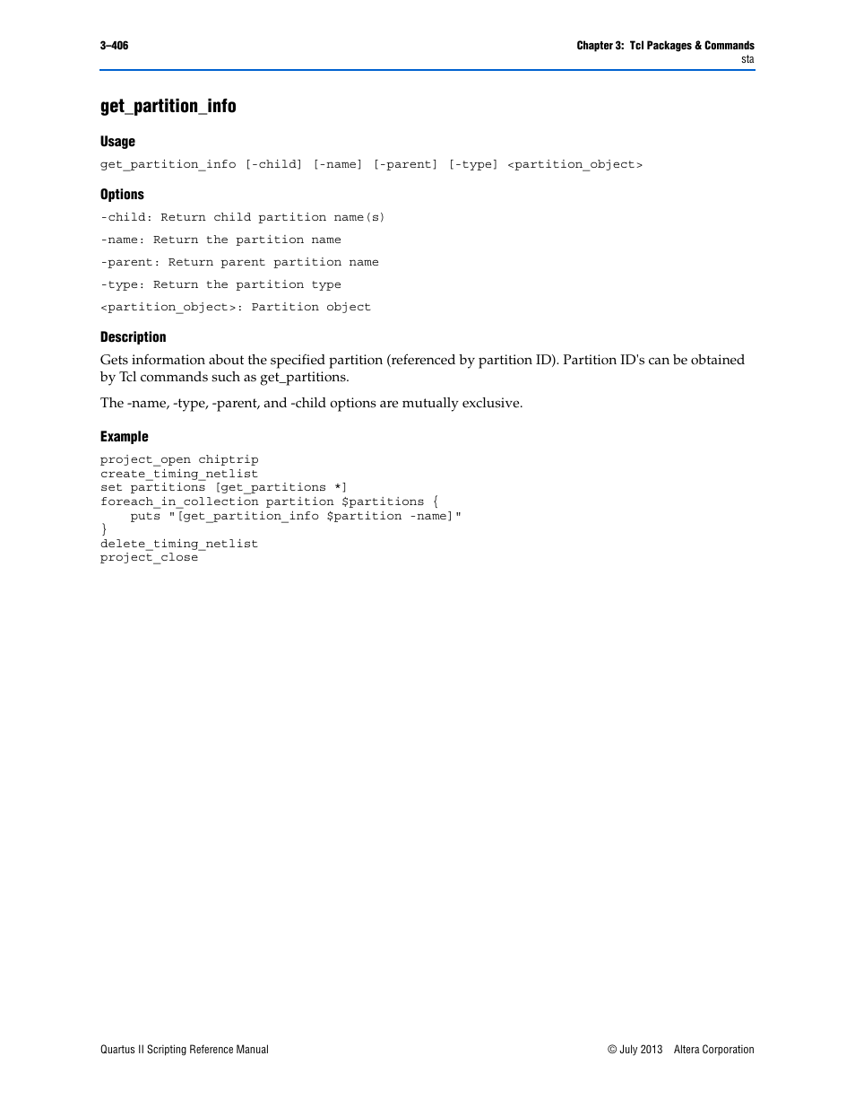 Get_partition_info, Usage, Options | Description, Example, Get_partition_info –406 | Altera Quartus II Scripting User Manual | Page 536 / 634