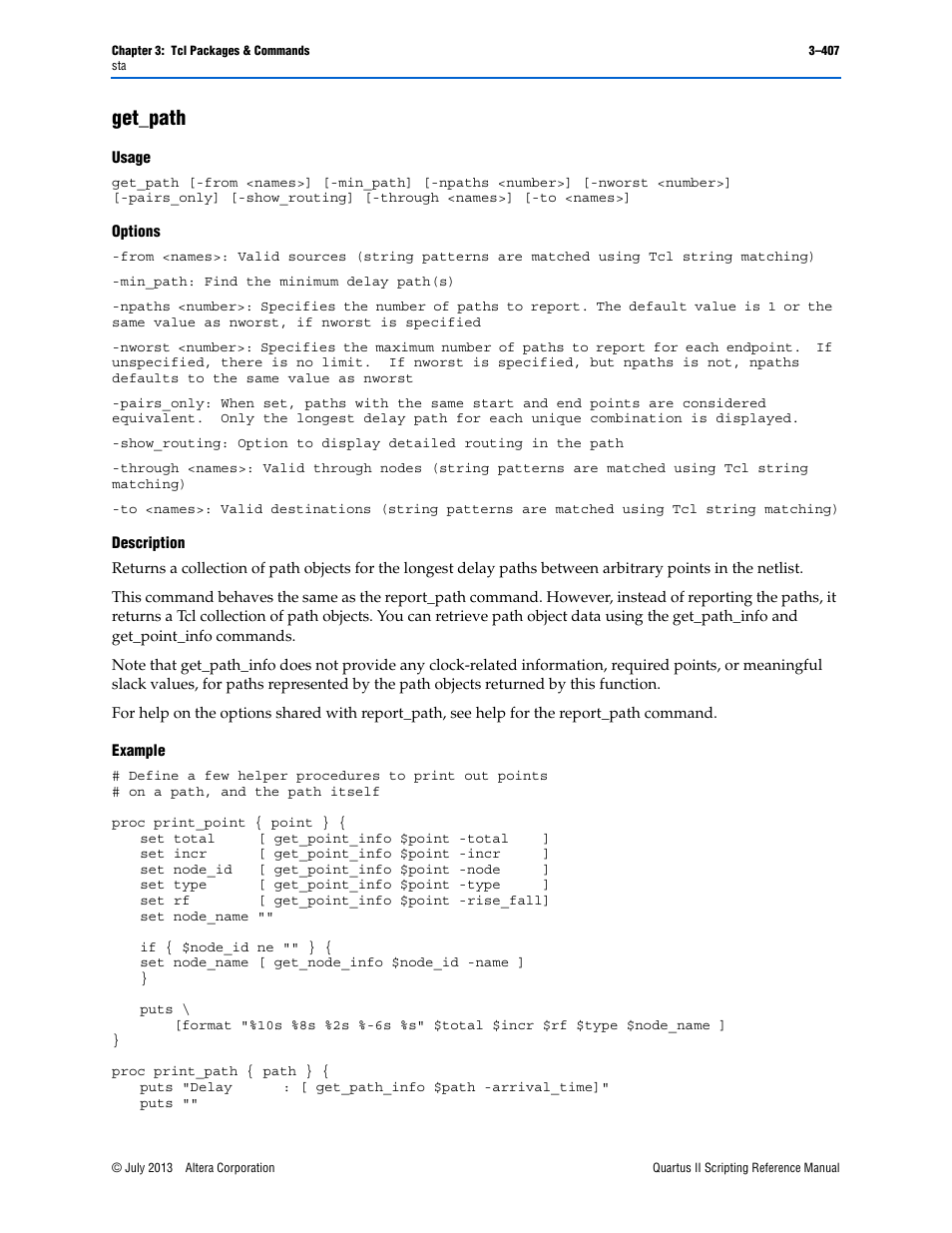 Get_path, Usage, Options | Description, Example, Get_path –407 | Altera Quartus II Scripting User Manual | Page 537 / 634
