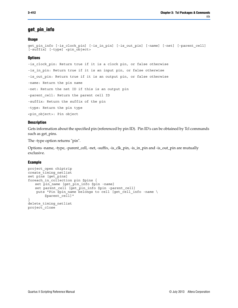 Get_pin_info, Usage, Options | Description, Example, Get_pin_info –412 | Altera Quartus II Scripting User Manual | Page 542 / 634