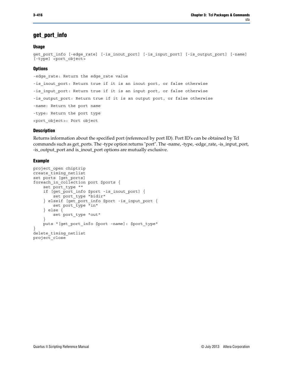 Get_port_info, Usage, Options | Description, Example, Get_port_info –416 | Altera Quartus II Scripting User Manual | Page 546 / 634