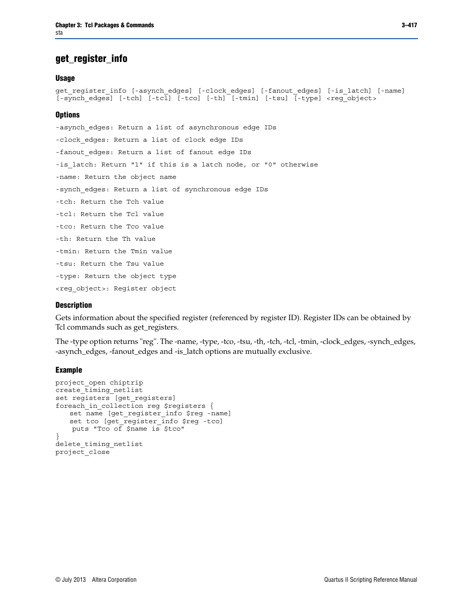 Get_register_info, Usage, Options | Description, Example, Get_register_info –417 | Altera Quartus II Scripting User Manual | Page 547 / 634