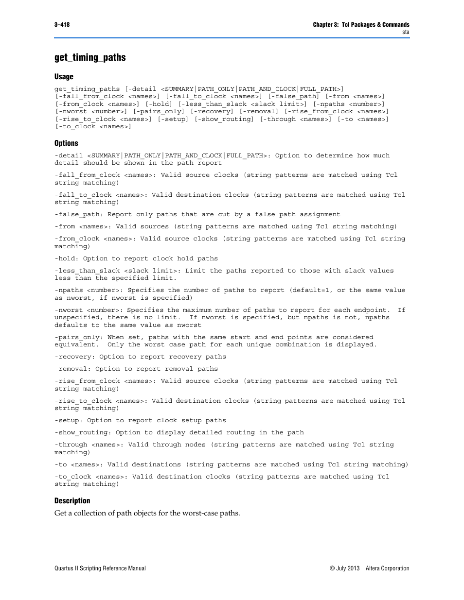 Get_timing_paths, Usage, Options | Description, Get_timing_paths –418 | Altera Quartus II Scripting User Manual | Page 548 / 634