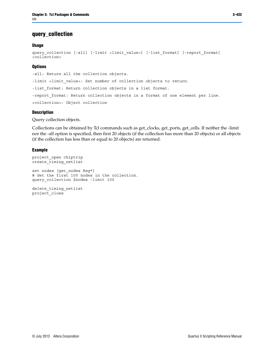Query_collection, Usage, Options | Description, Example, Query_collection –423 | Altera Quartus II Scripting User Manual | Page 553 / 634