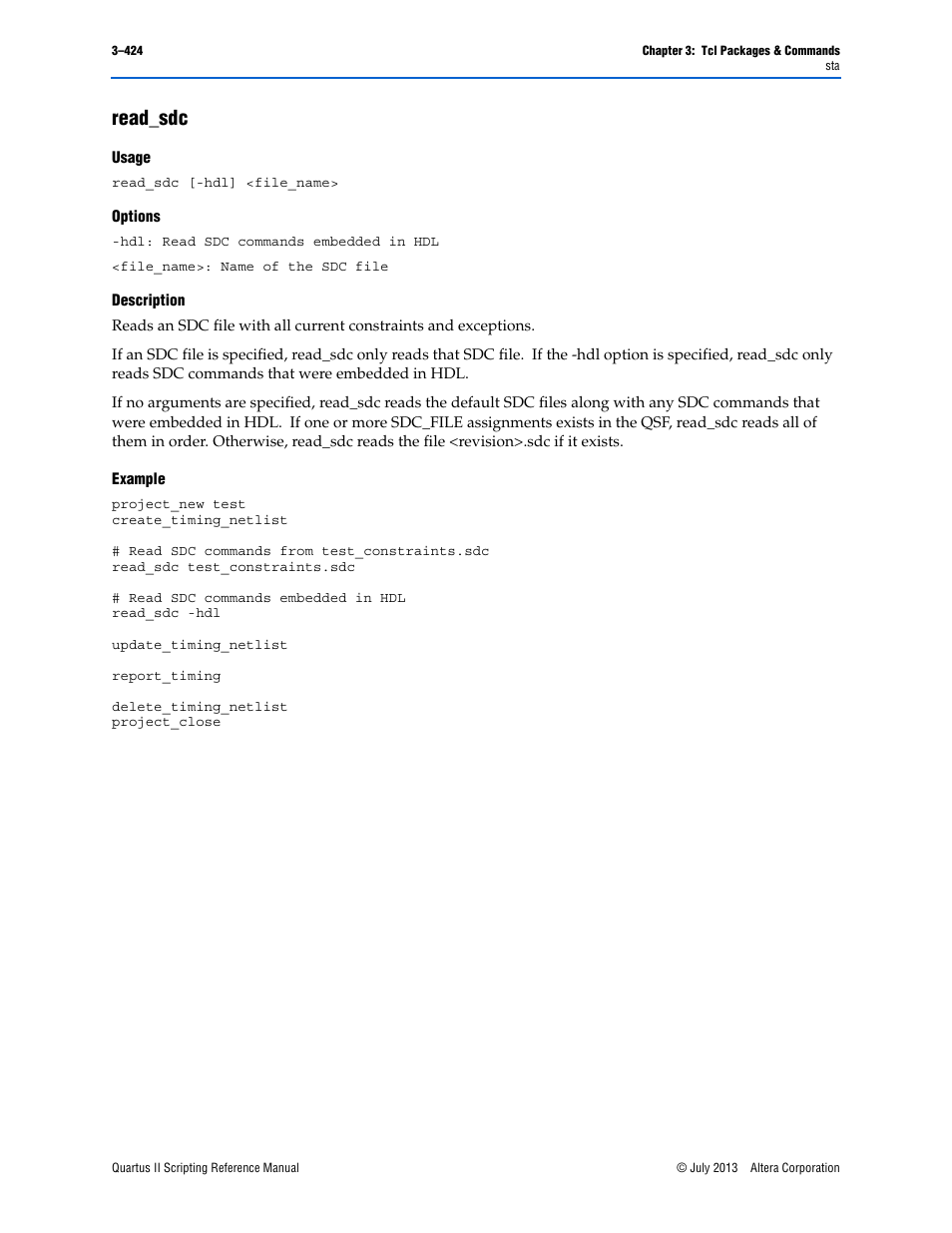 Read_sdc, Usage, Options | Description, Example, Read_sdc –424 | Altera Quartus II Scripting User Manual | Page 554 / 634