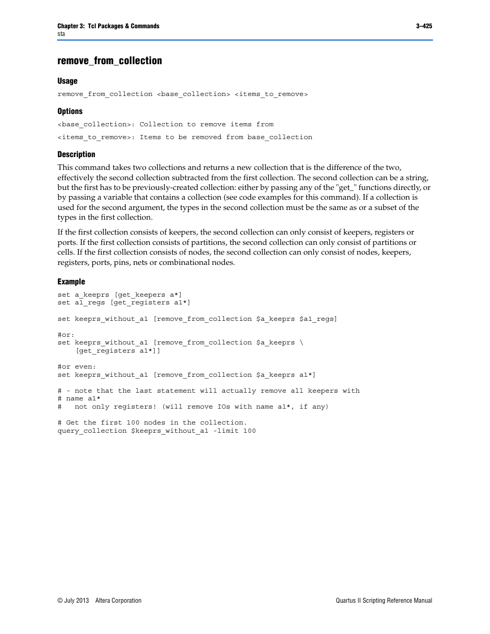 Remove_from_collection, Usage, Options | Description, Example, Remove_from_collection –425 | Altera Quartus II Scripting User Manual | Page 555 / 634