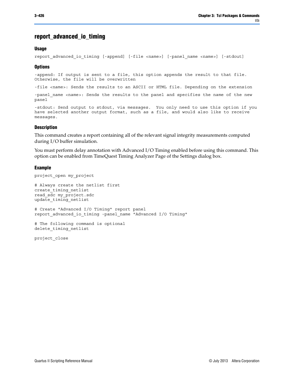 Report_advanced_io_timing, Usage, Options | Description, Example, Report_advanced_io_timing –426 | Altera Quartus II Scripting User Manual | Page 556 / 634
