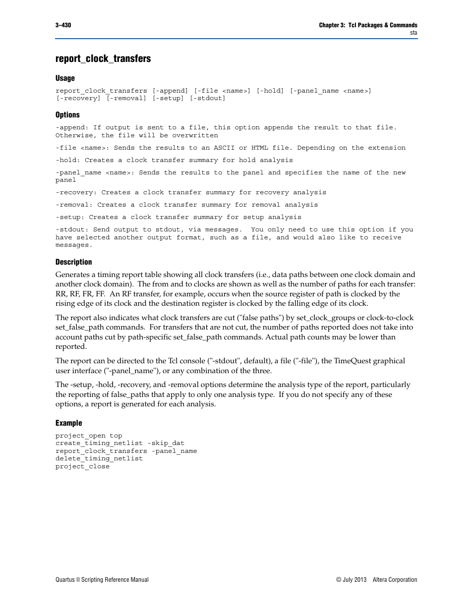 Report_clock_transfers, Usage, Options | Description, Example, Report_clock_transfers –430 | Altera Quartus II Scripting User Manual | Page 560 / 634