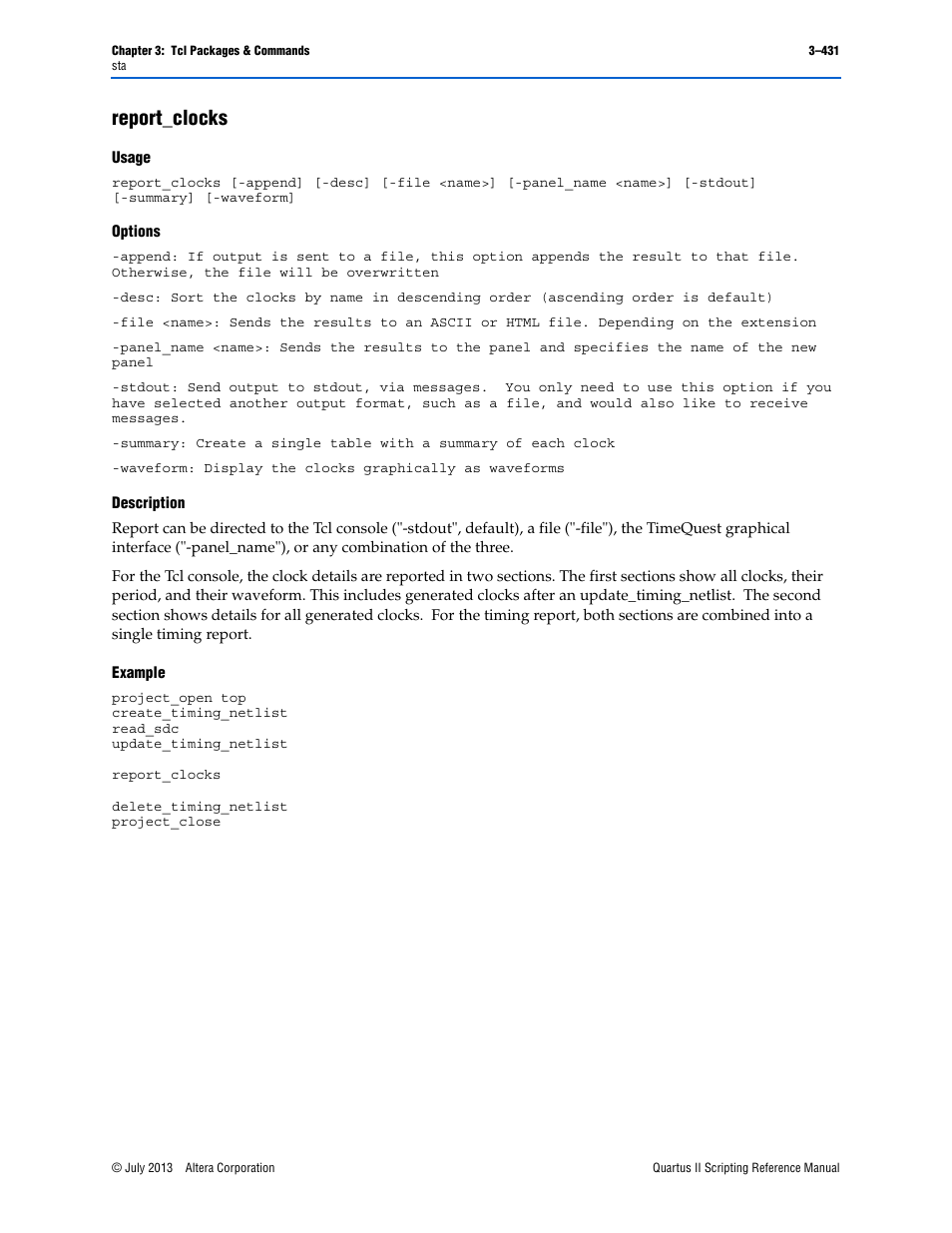 Report_clocks, Usage, Options | Description, Example, Report_clocks –431 | Altera Quartus II Scripting User Manual | Page 561 / 634