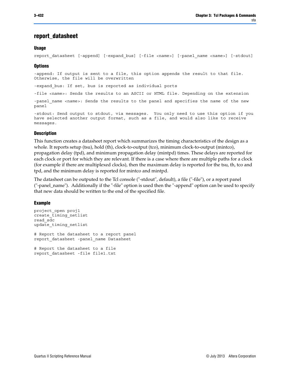Report_datasheet, Usage, Options | Description, Example, Report_datasheet –432 | Altera Quartus II Scripting User Manual | Page 562 / 634