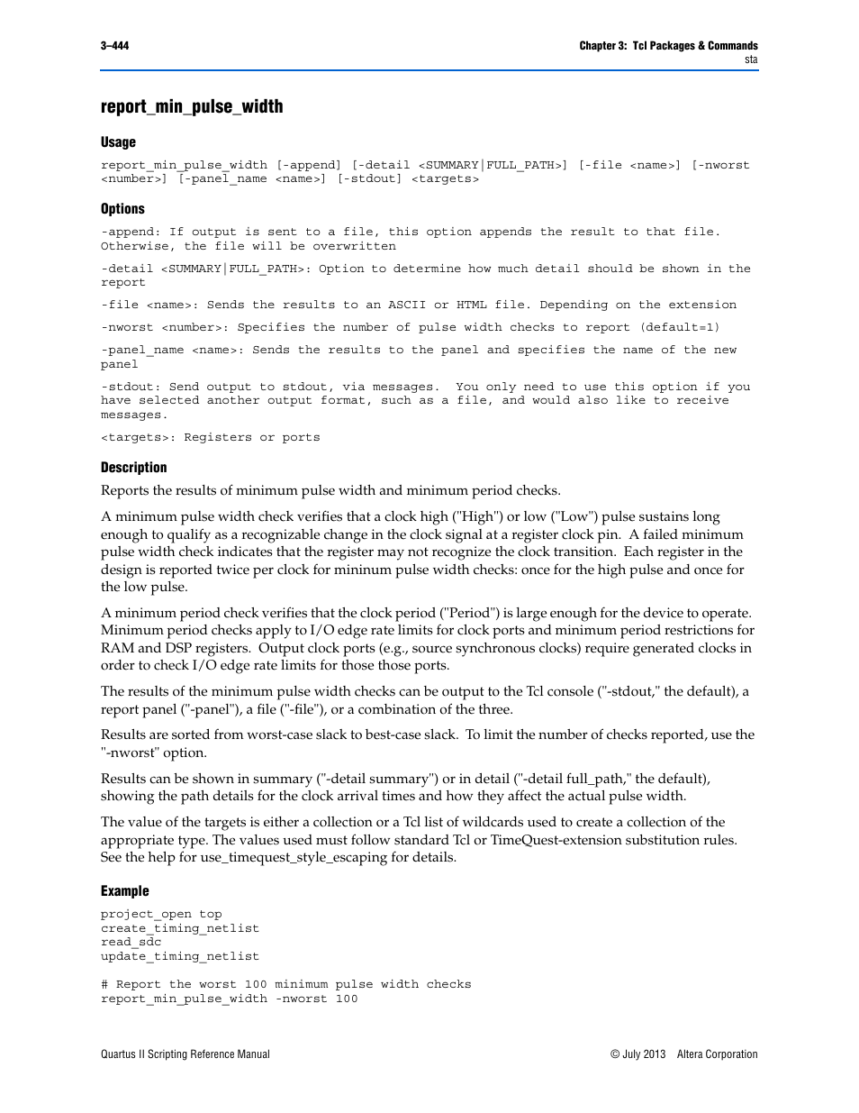 Report_min_pulse_width, Usage, Options | Description, Example, Report_min_pulse_width –444 | Altera Quartus II Scripting User Manual | Page 574 / 634
