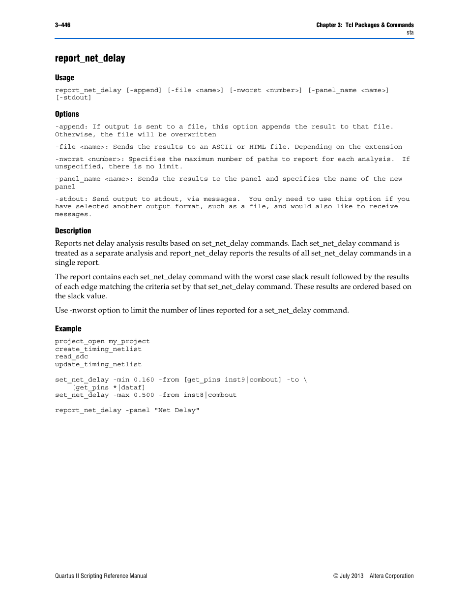 Report_net_delay, Usage, Options | Description, Example, Report_net_delay –446 | Altera Quartus II Scripting User Manual | Page 576 / 634