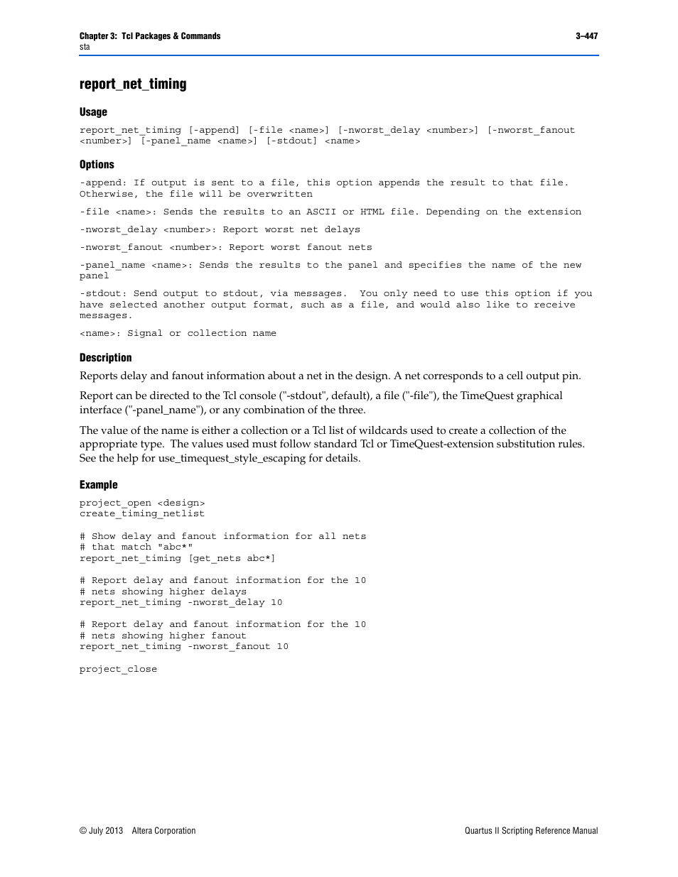 Report_net_timing, Usage, Options | Description, Example, Report_net_timing –447 | Altera Quartus II Scripting User Manual | Page 577 / 634