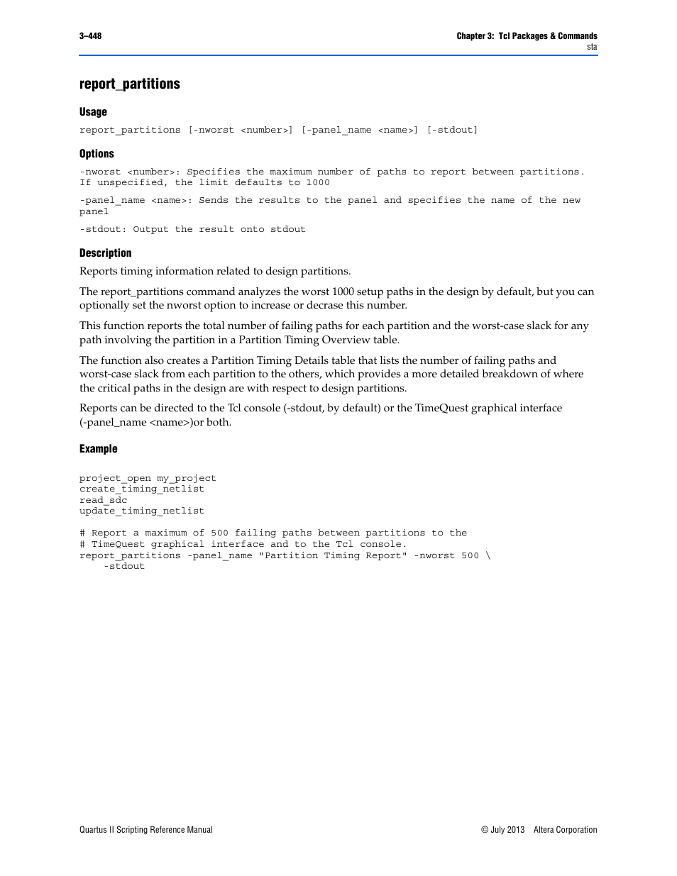 Report_partitions, Usage, Options | Description, Example, Report_partitions –448 | Altera Quartus II Scripting User Manual | Page 578 / 634