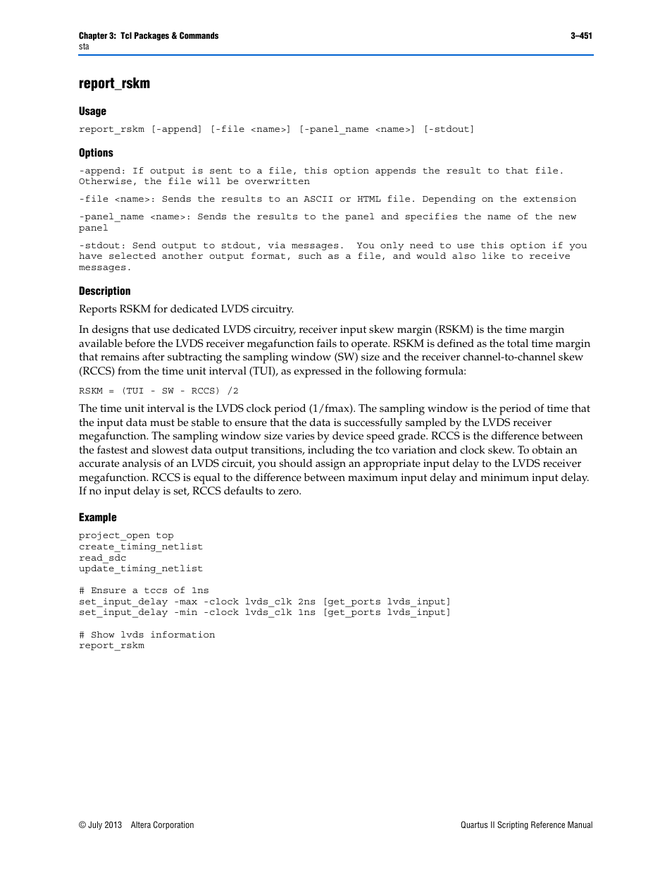 Report_rskm, Usage, Options | Description, Example, Report_rskm –451 | Altera Quartus II Scripting User Manual | Page 581 / 634