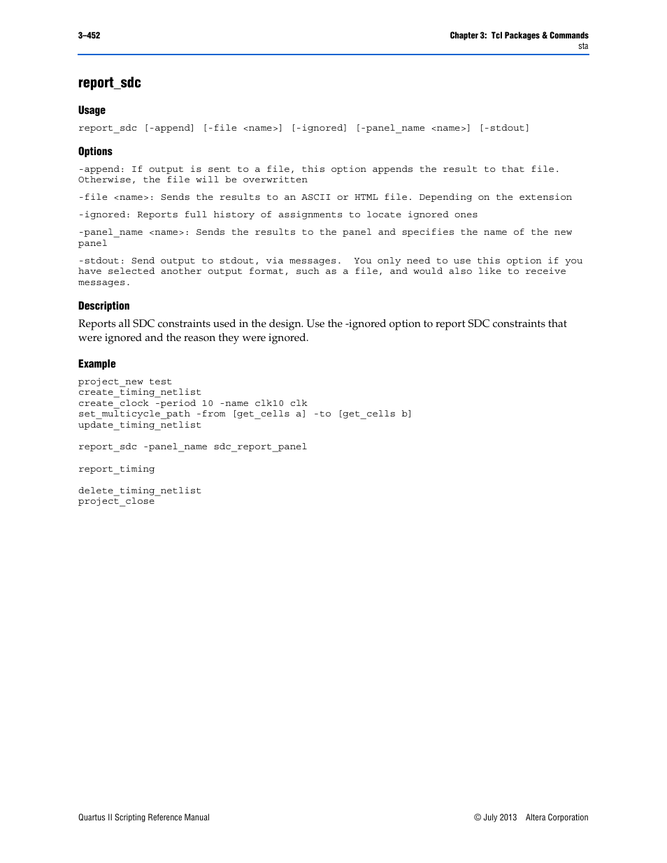 Report_sdc, Usage, Options | Description, Example, Report_sdc –452 | Altera Quartus II Scripting User Manual | Page 582 / 634