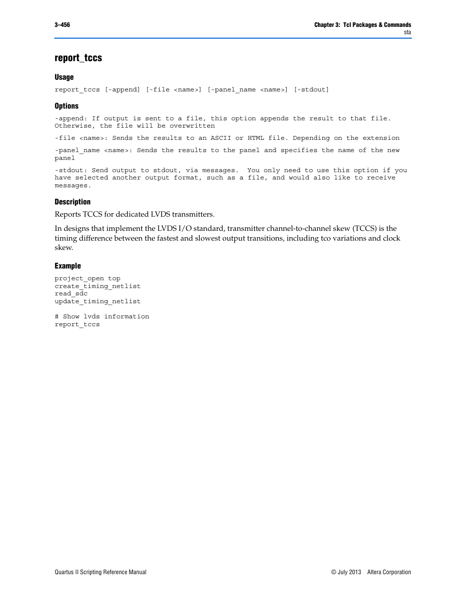 Report_tccs, Usage, Options | Description, Example, Report_tccs –456 | Altera Quartus II Scripting User Manual | Page 586 / 634