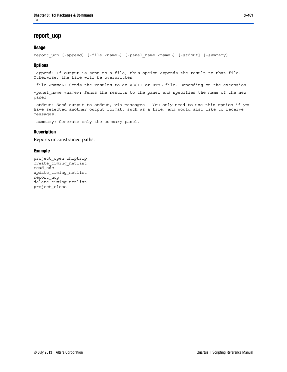 Report_ucp, Usage, Options | Description, Example, Report_ucp –461 | Altera Quartus II Scripting User Manual | Page 591 / 634