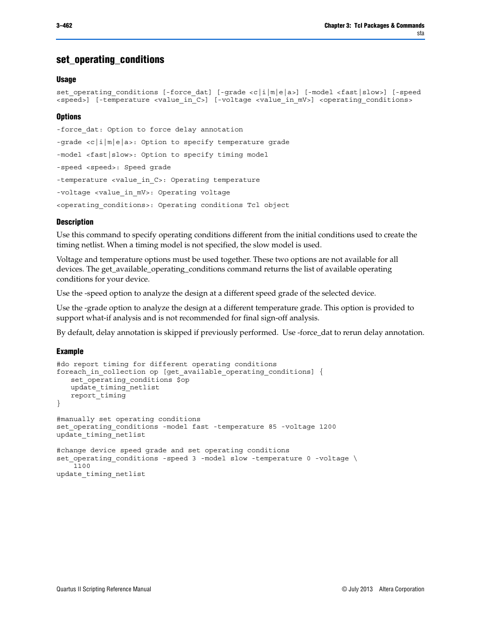 Set_operating_conditions, Usage, Options | Description, Example, Set_operating_conditions –462 | Altera Quartus II Scripting User Manual | Page 592 / 634