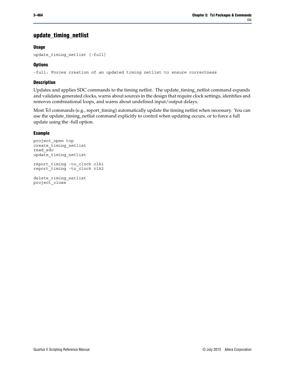 Update_timing_netlist, Usage, Options | Description, Example, Update_timing_netlist –464 | Altera Quartus II Scripting User Manual | Page 594 / 634