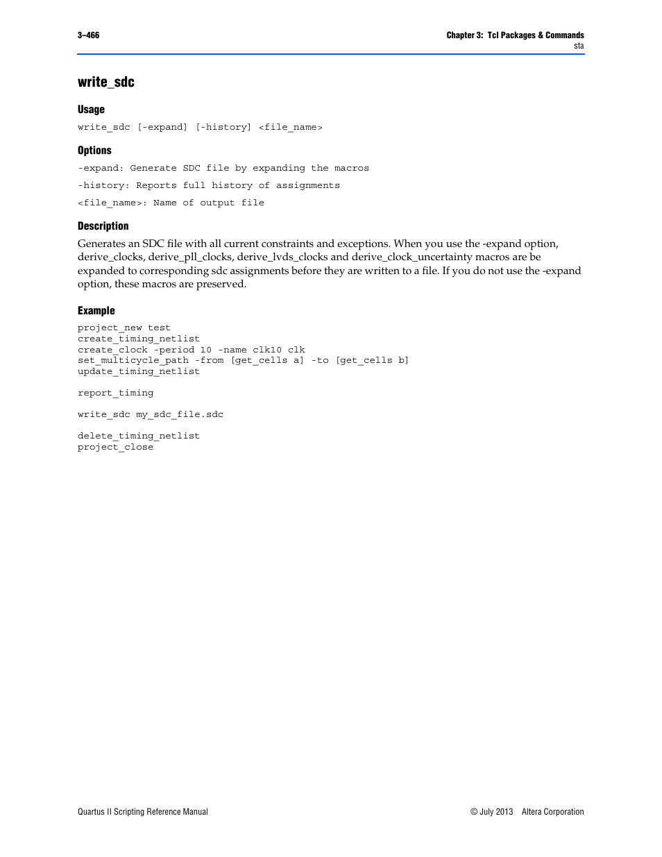Write_sdc, Usage, Options | Description, Example, Write_sdc –466 | Altera Quartus II Scripting User Manual | Page 596 / 634
