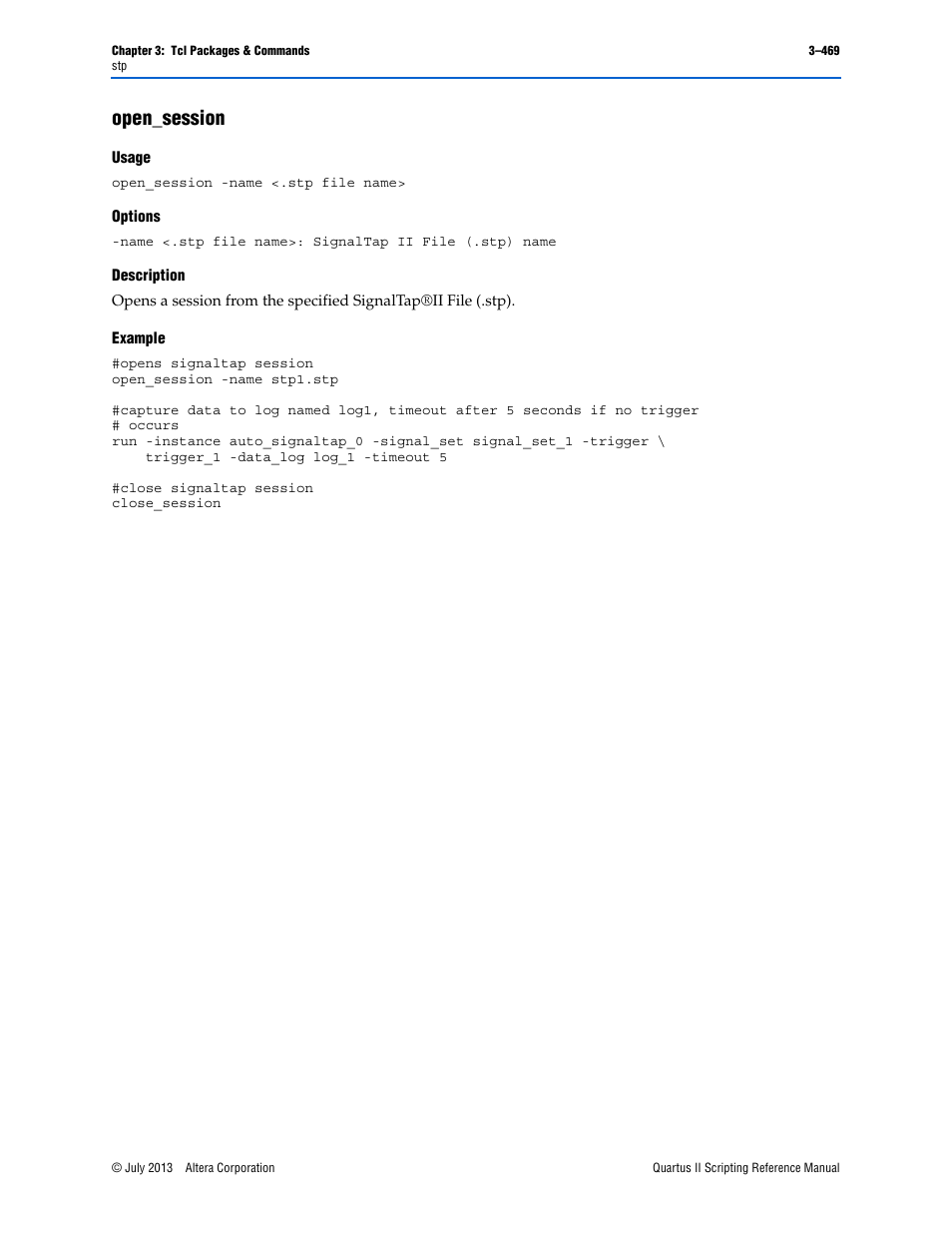 Open_session, Usage, Options | Description, Example, Open_session –469 | Altera Quartus II Scripting User Manual | Page 599 / 634
