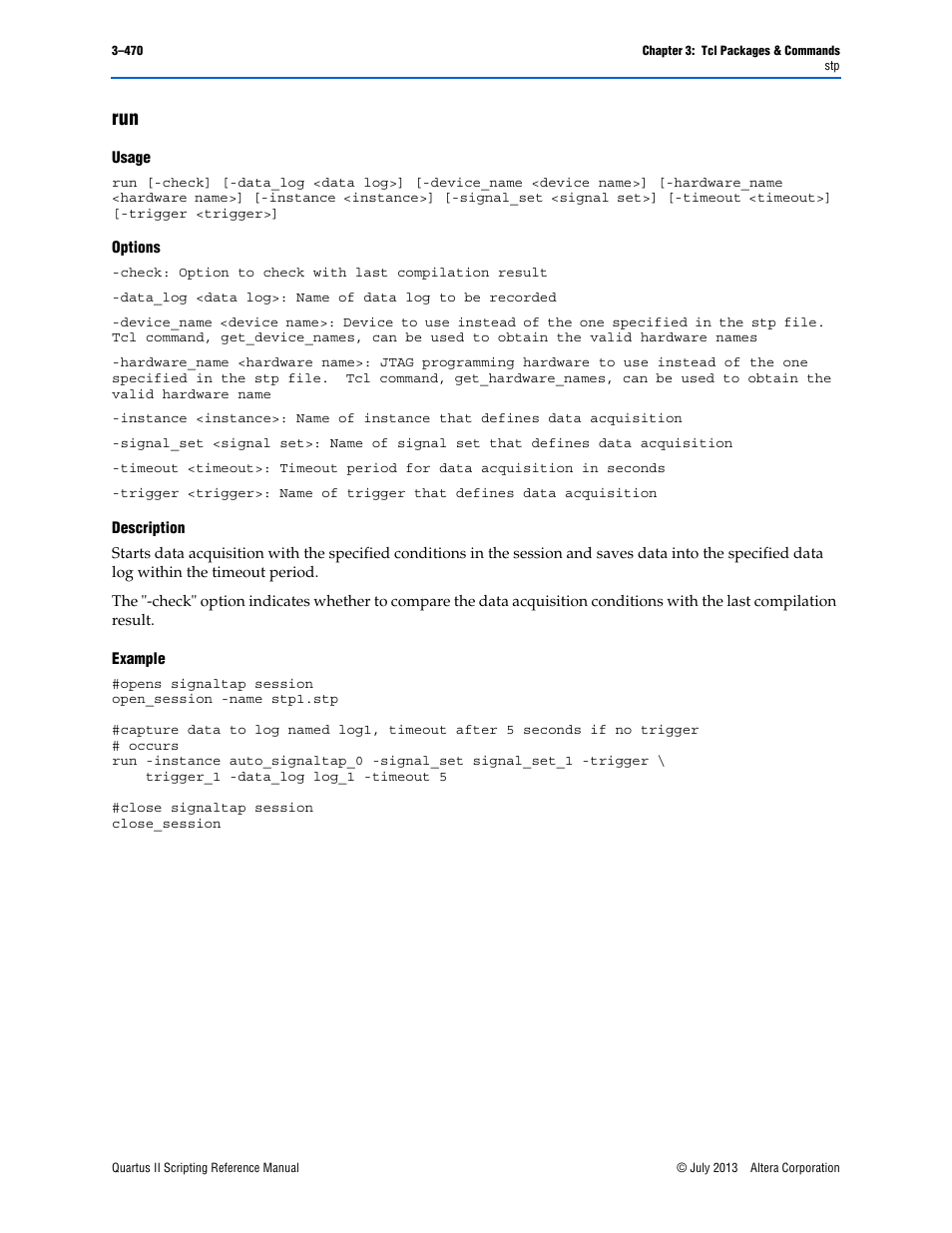 Usage, Options, Description | Example, Run –470 | Altera Quartus II Scripting User Manual | Page 600 / 634