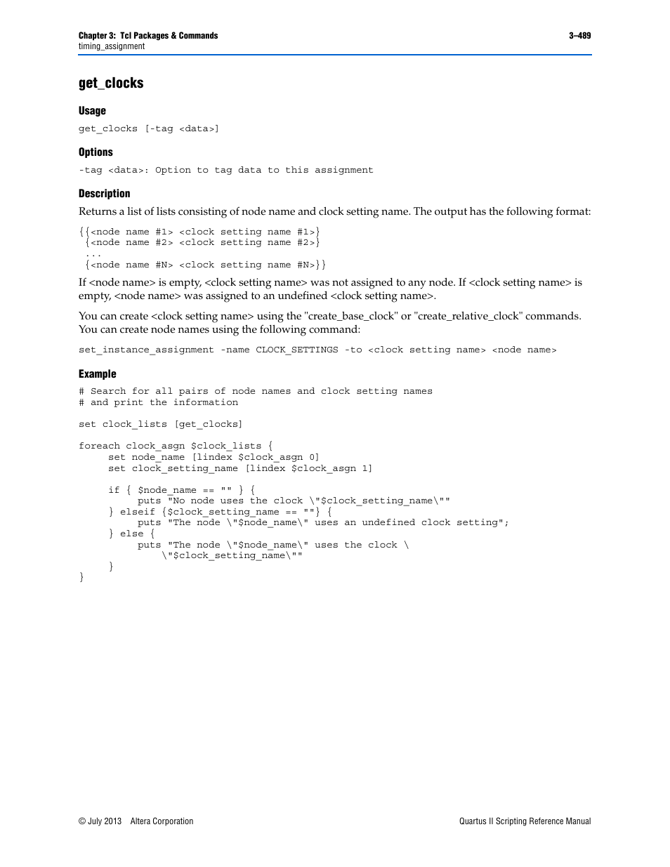 Get_clocks, Usage, Options | Description, Example, Get_clocks –489 | Altera Quartus II Scripting User Manual | Page 619 / 634