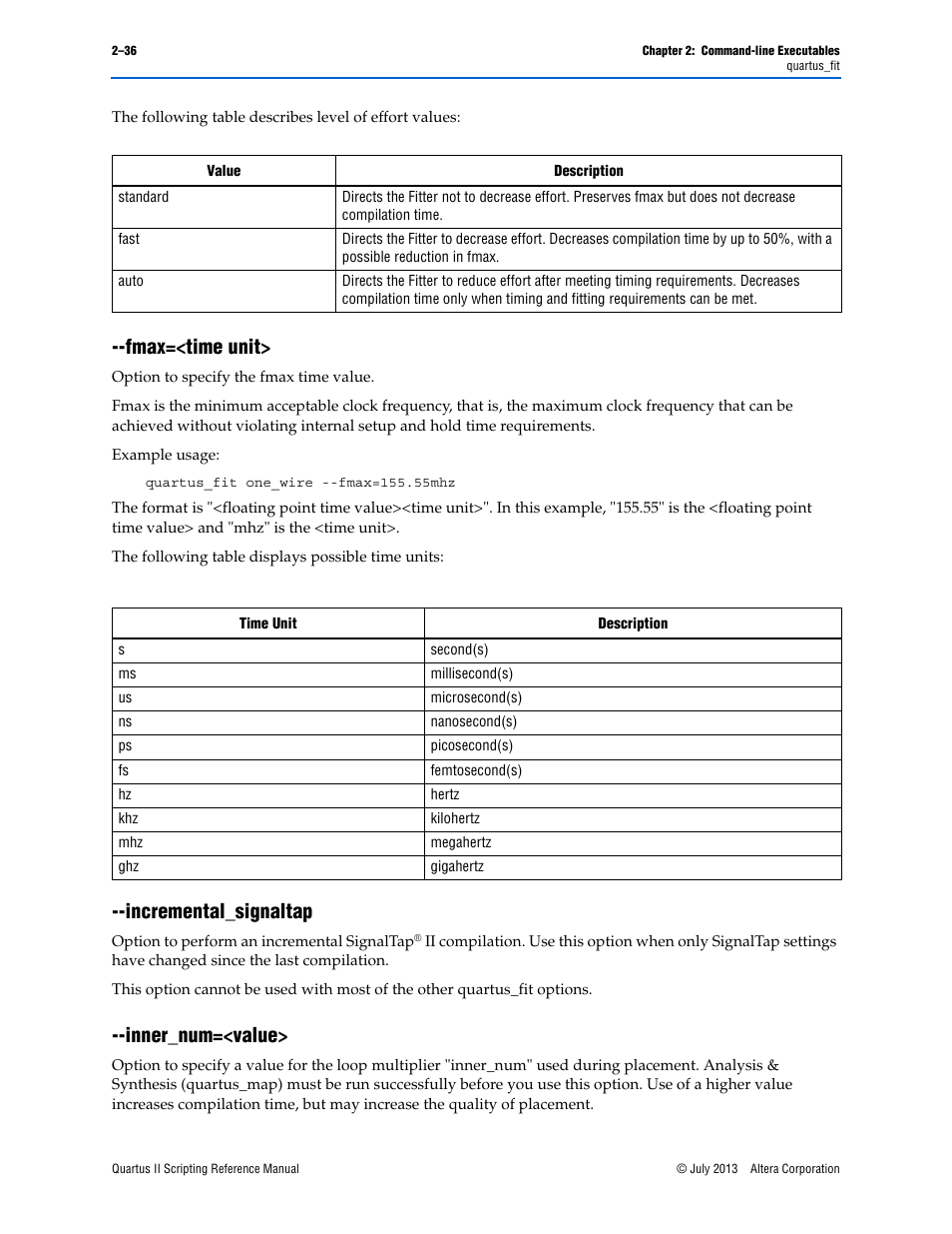 Fmax=<time unit, Incremental_signaltap, Inner_num=<value | Fmax=<time unit> –36, Incremental_signaltap –36 --inner_num=<value> –36 | Altera Quartus II Scripting User Manual | Page 62 / 634