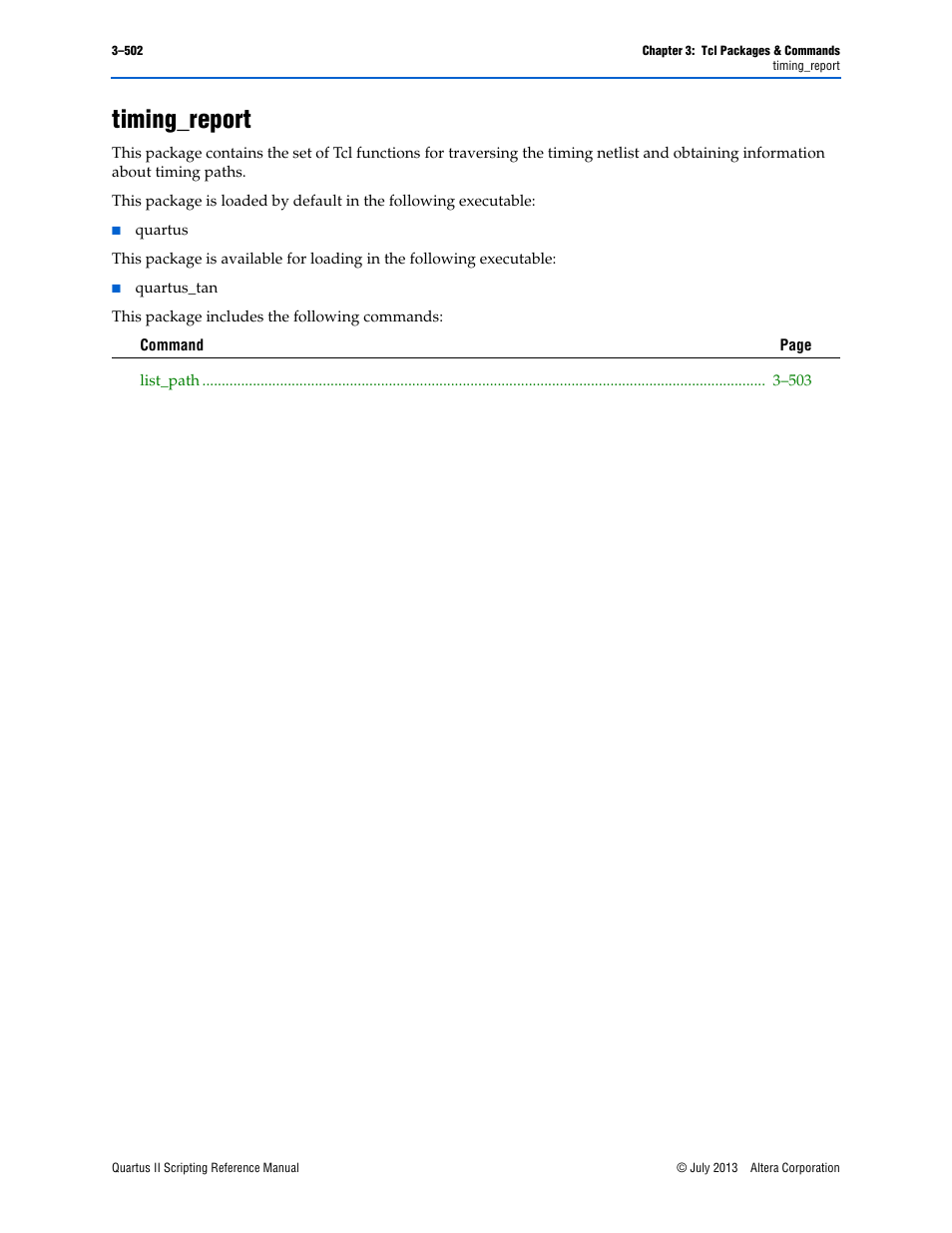 Timing_report, Timing_report –502 | Altera Quartus II Scripting User Manual | Page 632 / 634