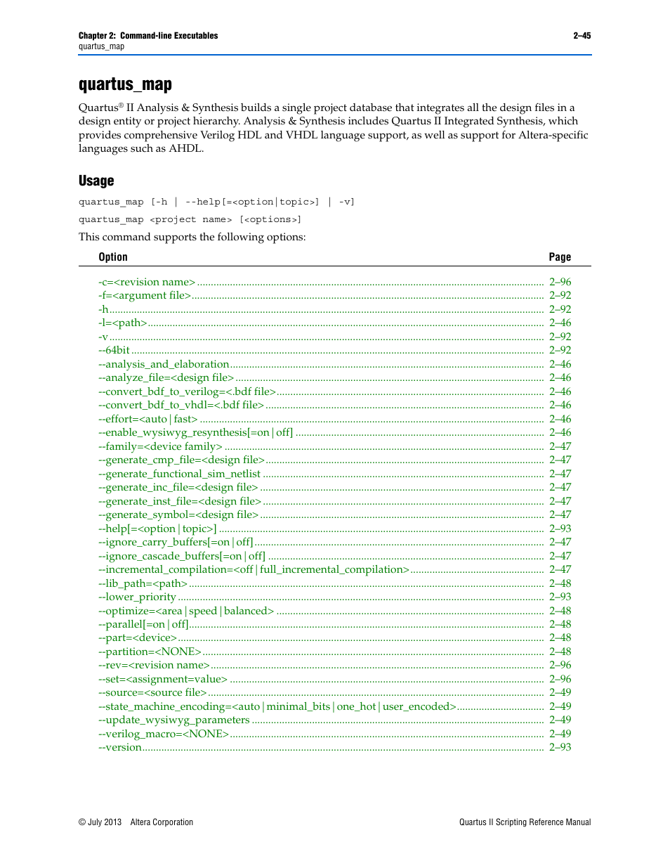 Quartus_map, Usage, Quartus_map –45 | Usage –45 | Altera Quartus II Scripting User Manual | Page 71 / 634