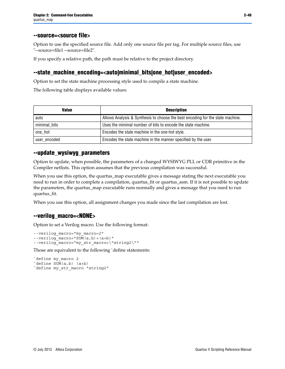 Source=<source file, Update_wysiwyg_parameters, Verilog_macro=<none | Altera Quartus II Scripting User Manual | Page 75 / 634