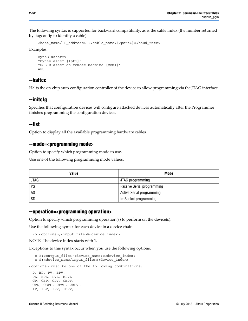 Haltcc, Initcfg, List | Mode=<programming mode, Operation=<programming operation, Haltcc –52 --initcfg –52 --list –52, Haltcc –52, Initcfg –52 --list –52, Mode> on | Altera Quartus II Scripting User Manual | Page 78 / 634