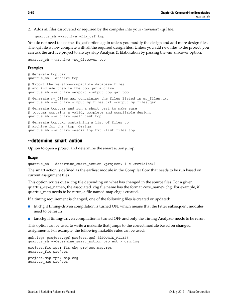 Examples, Determine_smart_action, Usage | Determine_smart_action –60 | Altera Quartus II Scripting User Manual | Page 86 / 634
