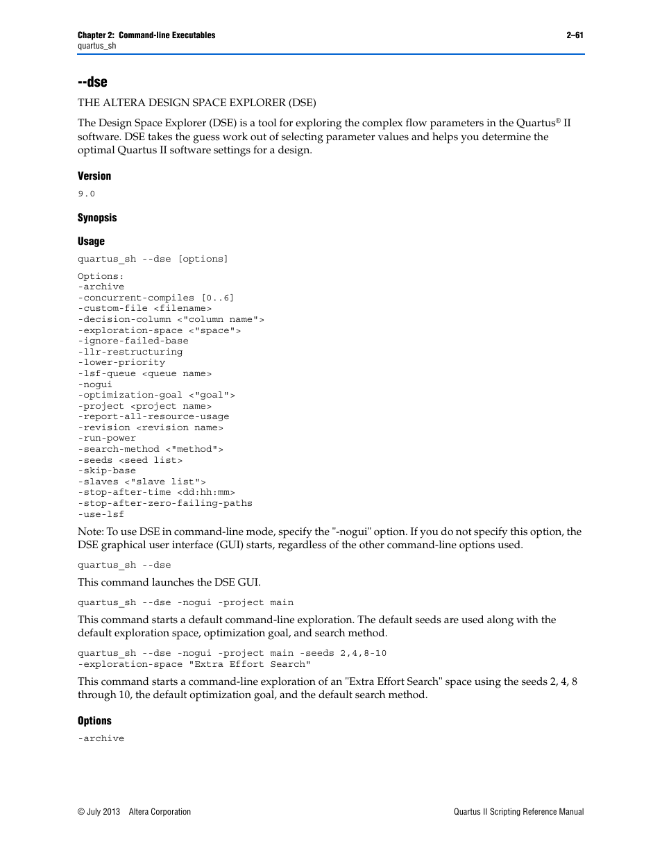 Version, Synopsis, Usage | Options, Dse –61 | Altera Quartus II Scripting User Manual | Page 87 / 634