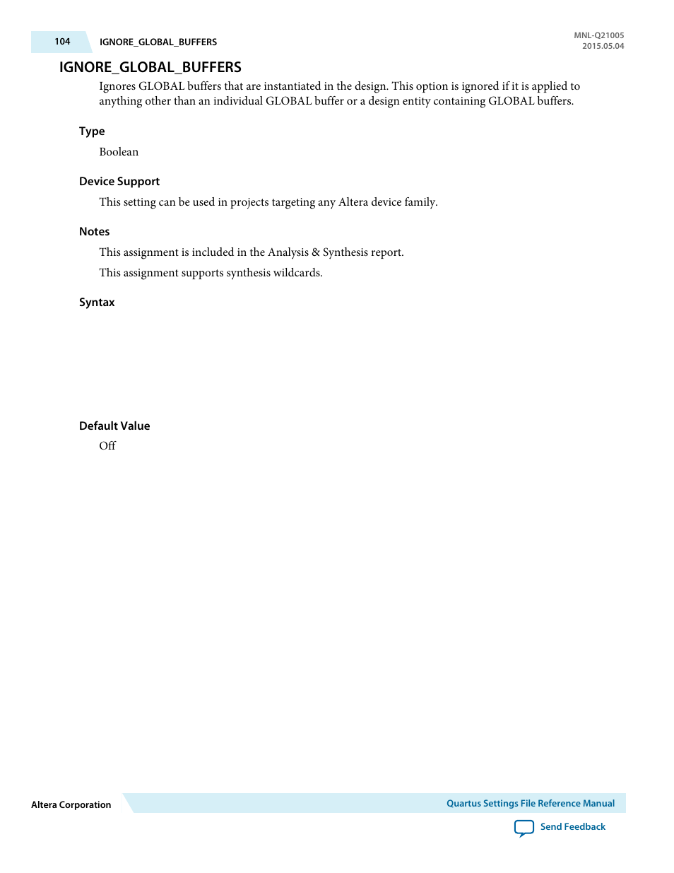 Ignore_global_buffers | Altera Quartus II Settings File User Manual | Page 104 / 1344