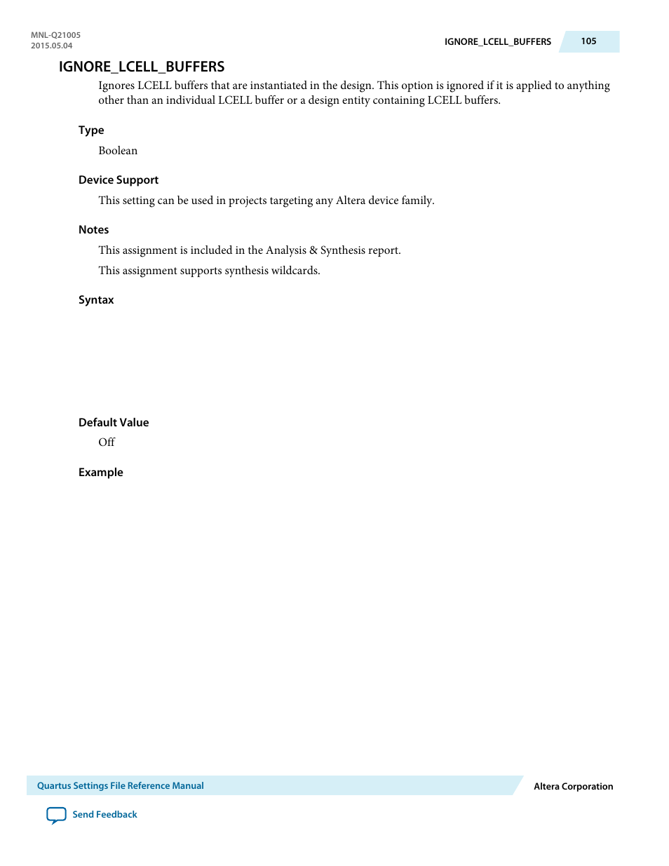 Ignore_lcell_buffers | Altera Quartus II Settings File User Manual | Page 105 / 1344