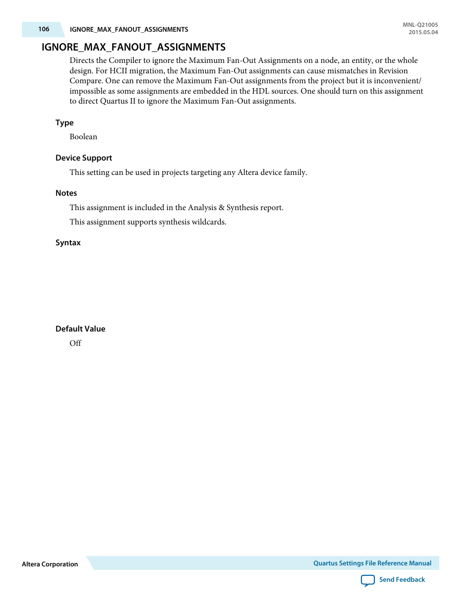 Ignore_max_fanout_assignments | Altera Quartus II Settings File User Manual | Page 106 / 1344