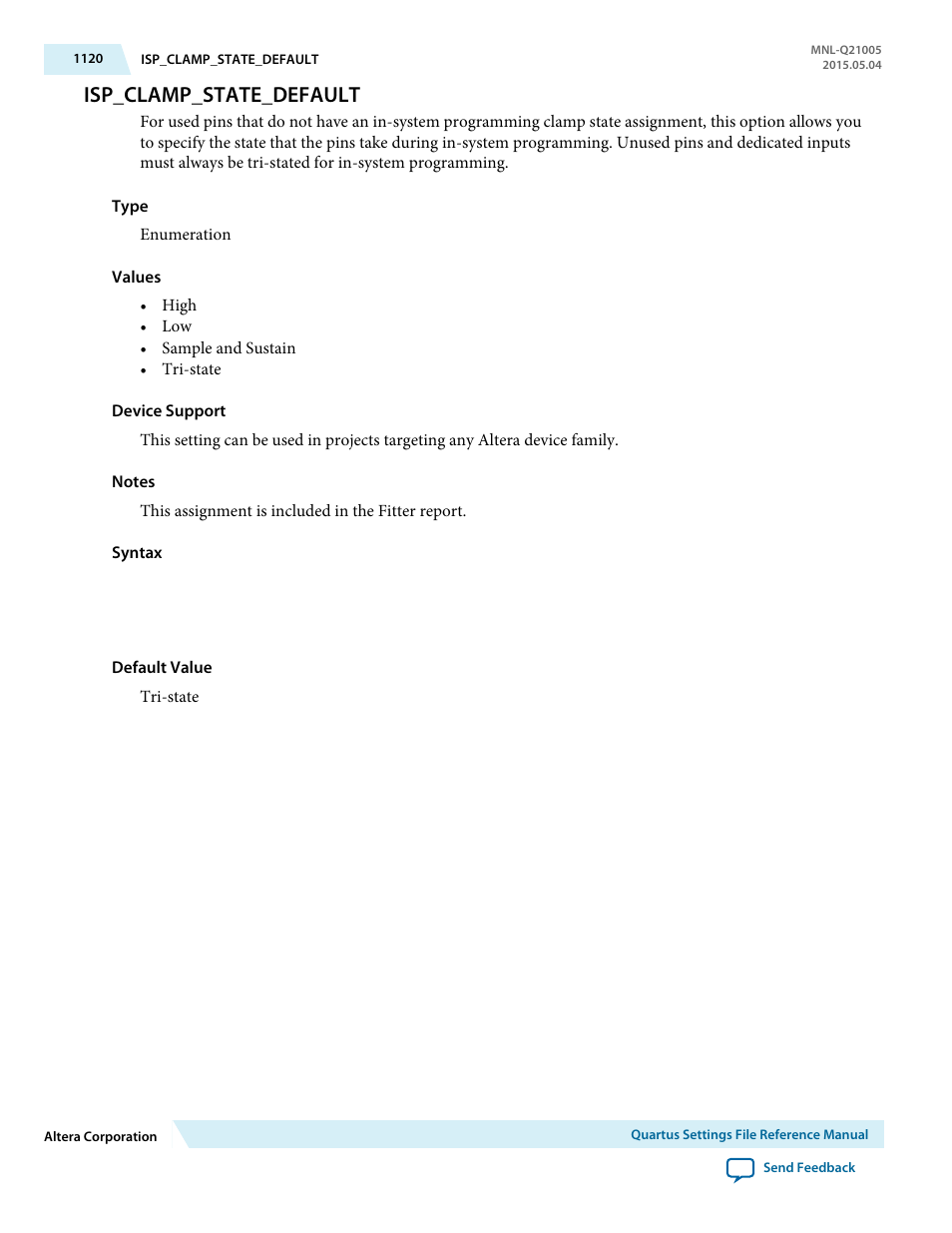 Isp_clamp_state_default | Altera Quartus II Settings File User Manual | Page 1120 / 1344