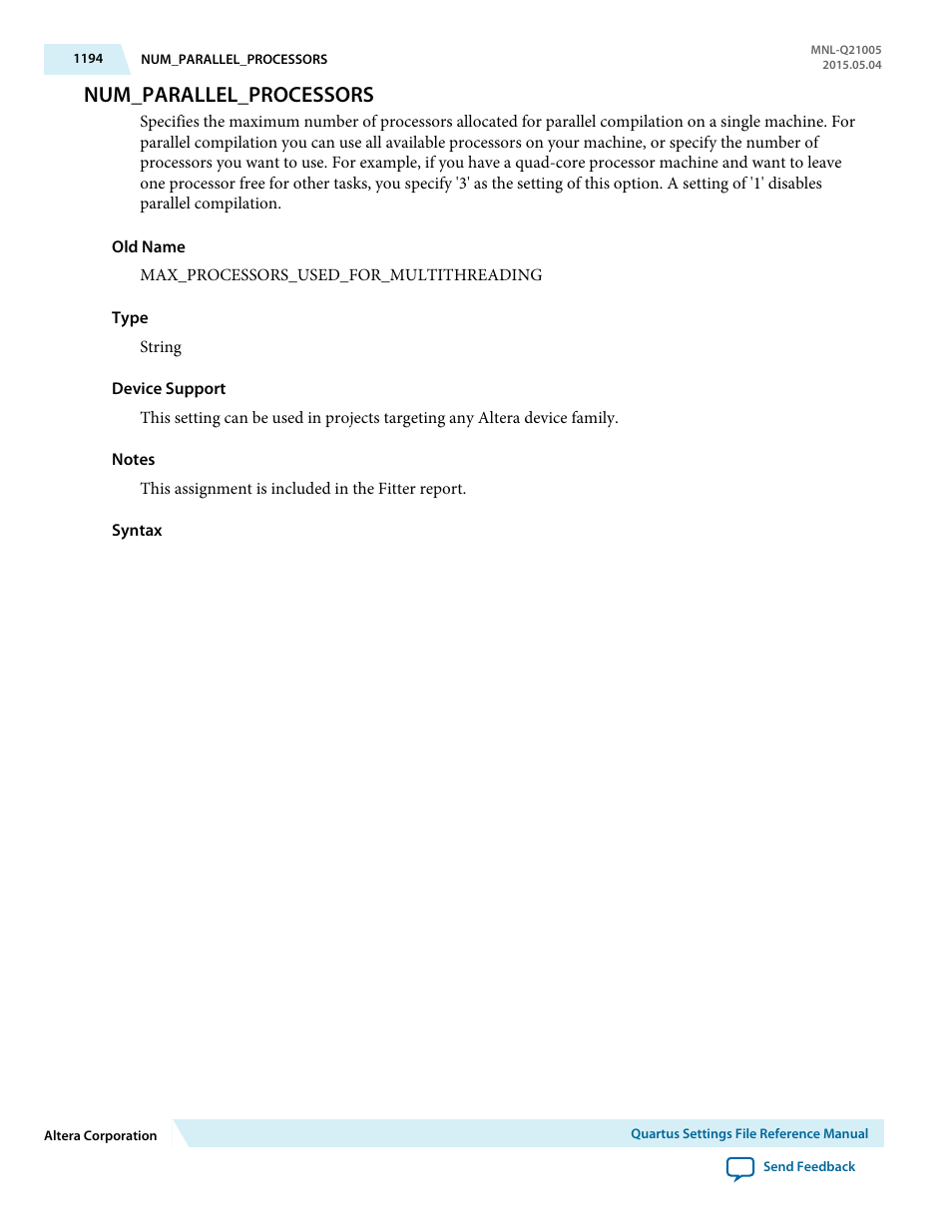 Num_parallel_processors | Altera Quartus II Settings File User Manual | Page 1194 / 1344