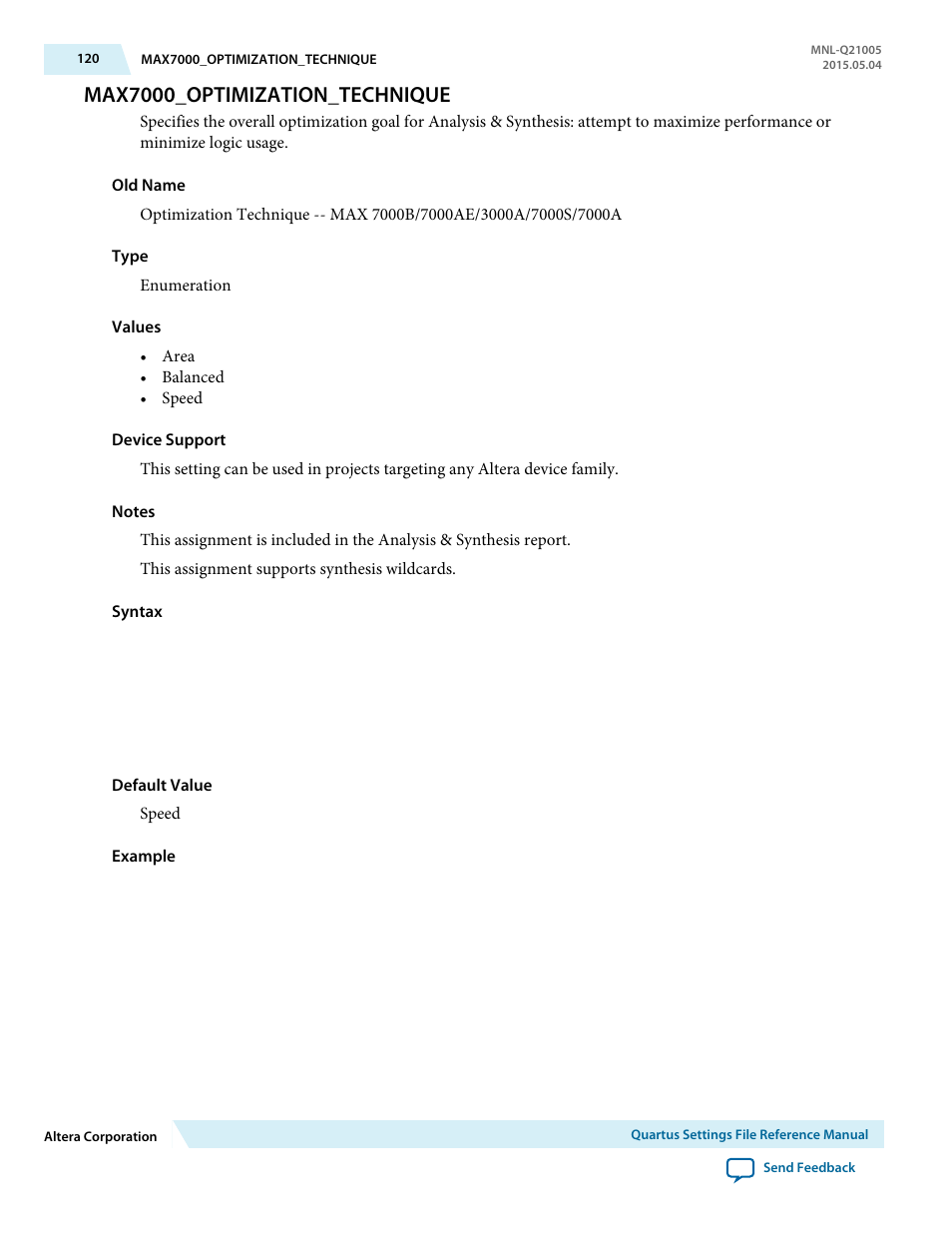 Max7000_optimization_technique | Altera Quartus II Settings File User Manual | Page 120 / 1344