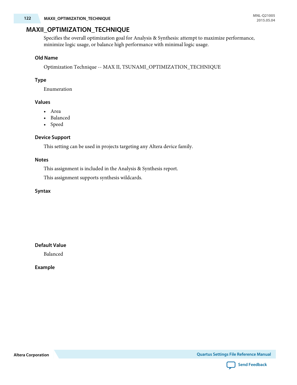Maxii_optimization_technique | Altera Quartus II Settings File User Manual | Page 122 / 1344